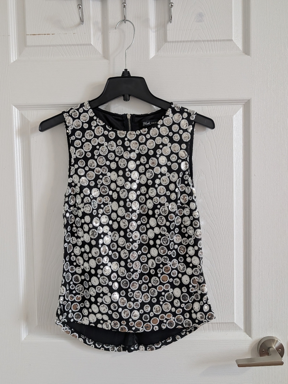 Silver Sequin Polka Dot Sleeveless Top Mesh Overlay Party Cocktail Metallic - S
